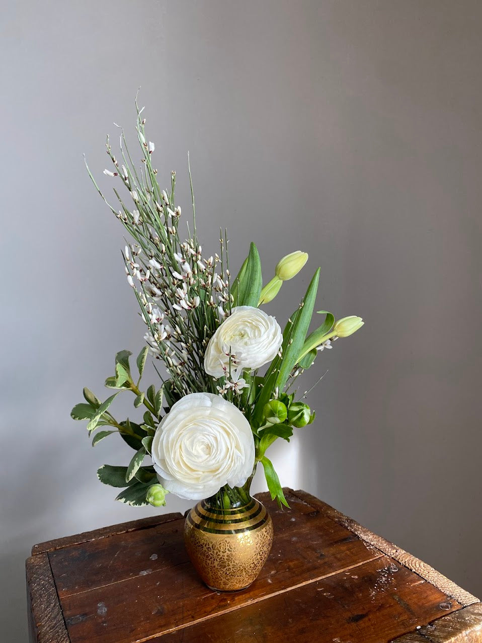 "gatsby " // fresh cut floral arrangement in gold vintage vase